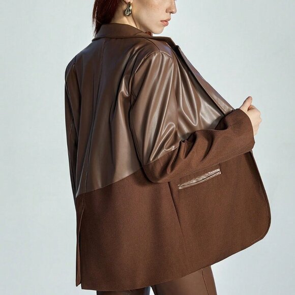 Brown Elegant Women's Style Asymmetrical Design Woven Fabric Patchwork Blazer - Picture 6 of 7